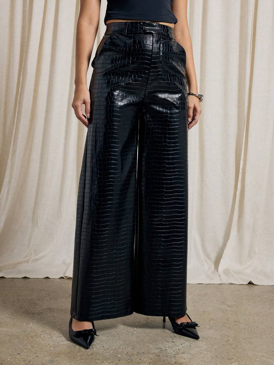 AiiRZ Faux Crocodile Leather Tailored Wide Leg Trouser