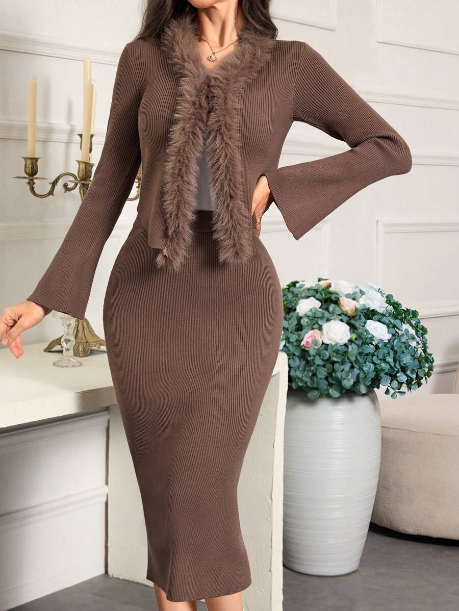 Mulvari Women Solid Color Fluffy Splice Long Sleeve Top And Mini Skirt Elegant 2 Pieces Set 2 Pieces Set