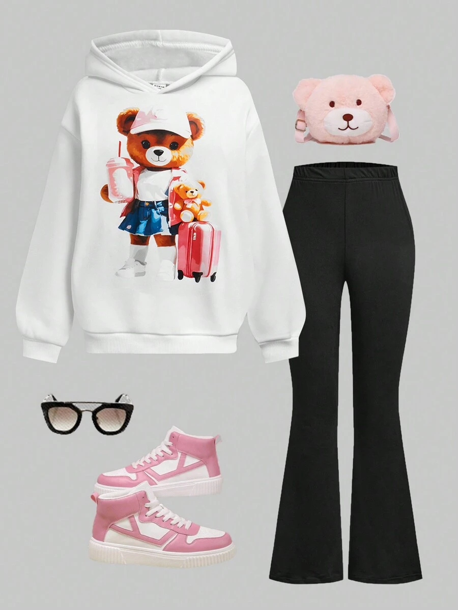 2pcs/Set Tween Girls Cute Bear Hoodie Sweatshirt And Flared Pants Outfit