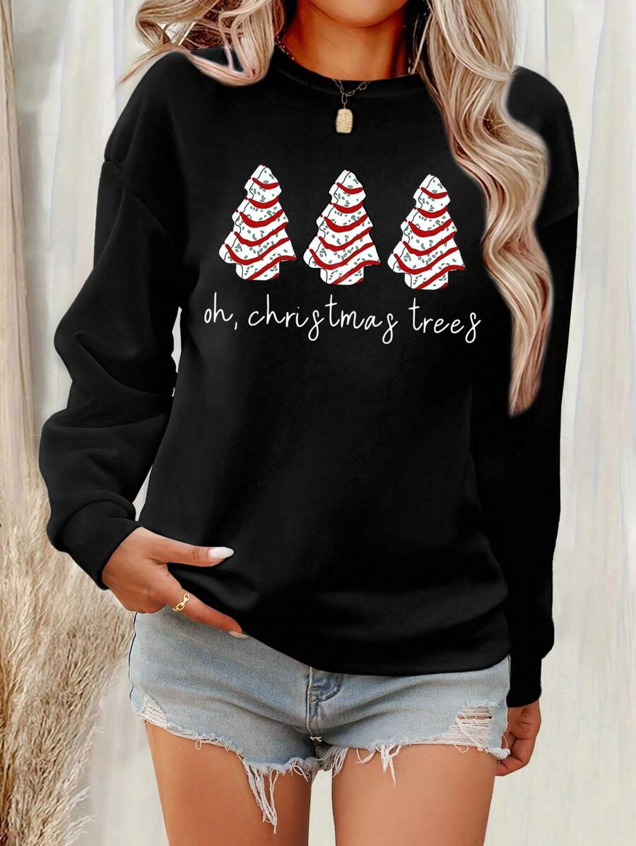 INAWLY Women Christmas Tree Print Round Neck Drop Shoulder Casual Sweatshirt