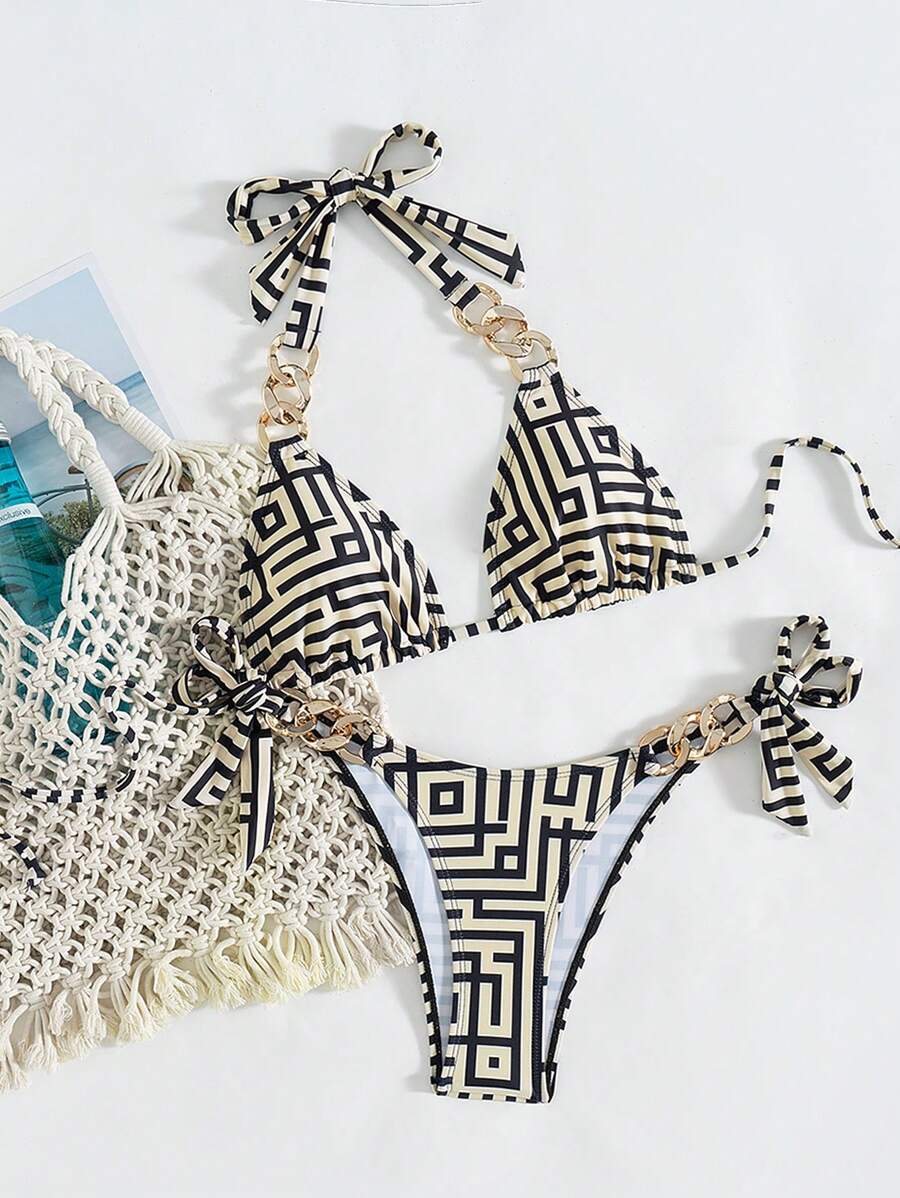 SHEIN Swim Print Sexy Bikini For Women, Beach Vacation Swimwear With Spaghetti Straps, Whitening S Summer