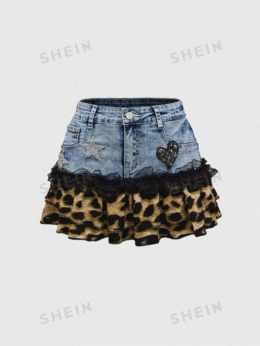 ROMWE J-Fashion Minifalda de mezclilla corta con parches, detalles de estampado de leopardo y flores en estilo Y2K