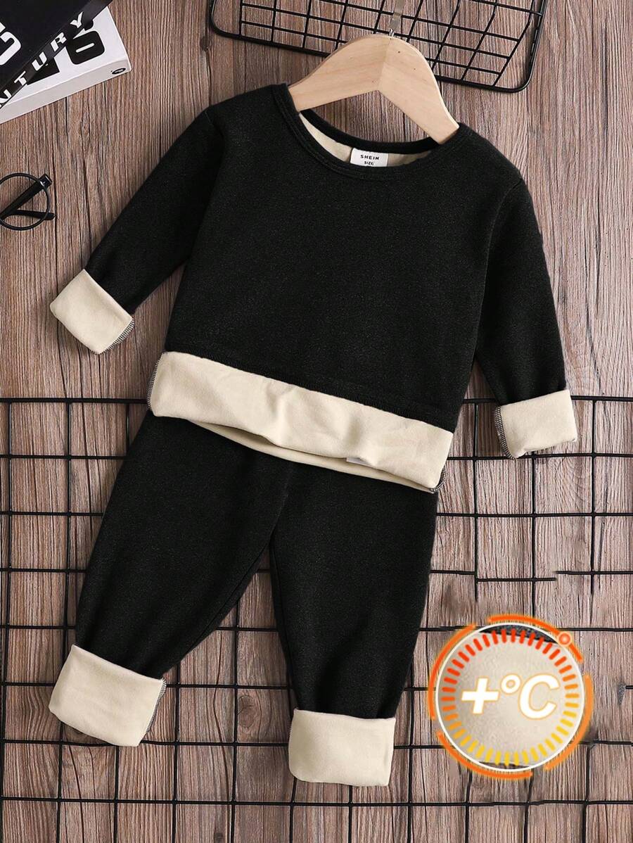 SHEIN 2 peças/conjunto de pijama térmico para meninos, ajuste confortável, casual, manga comprida, camiseta e calças, outono/inverno