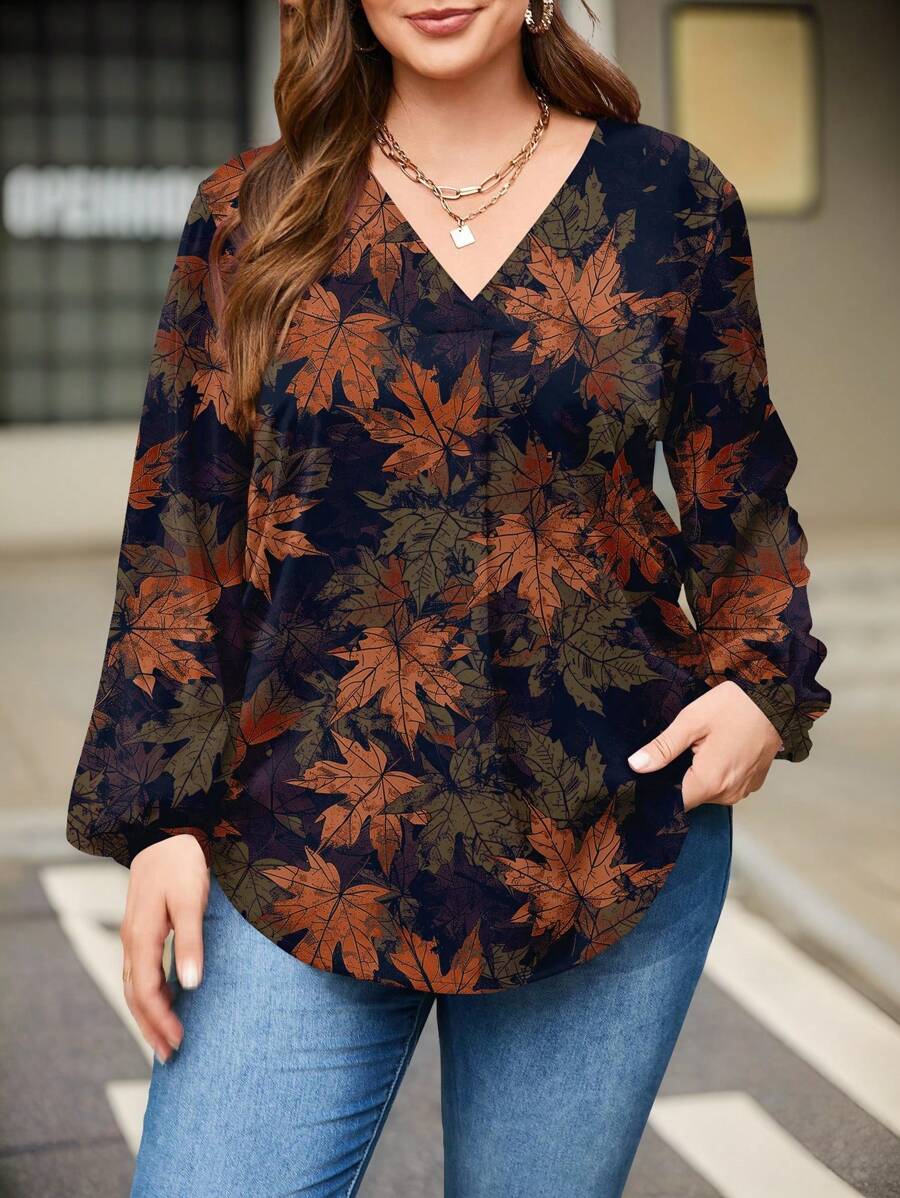 EMERY ROSE Plus Size Vrouwen Vintage Maple Leaf Print V-hals Lantaarn Mouw Losse Blouse, Geschikt Voor Herfst/Winter