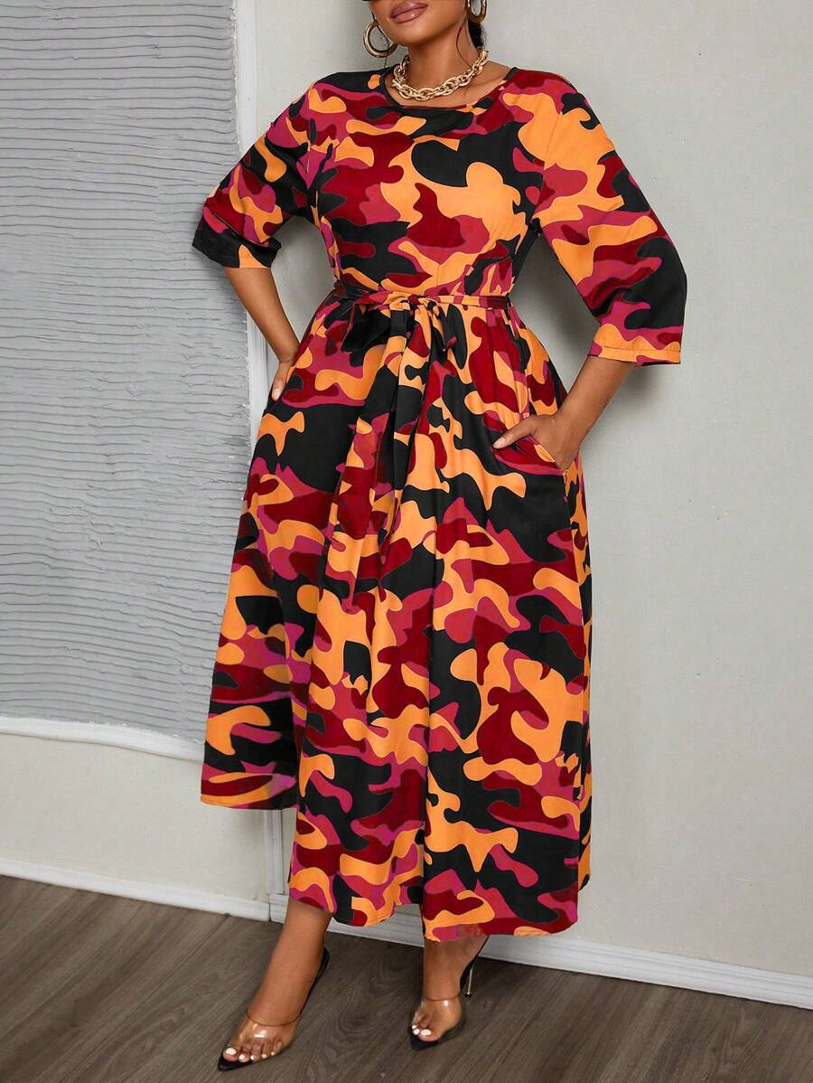 Maweii Plus Size Women Camouflage Lacing Waist Pocket 3/4 Sleeve Midi Dress Maxi Women Outfit