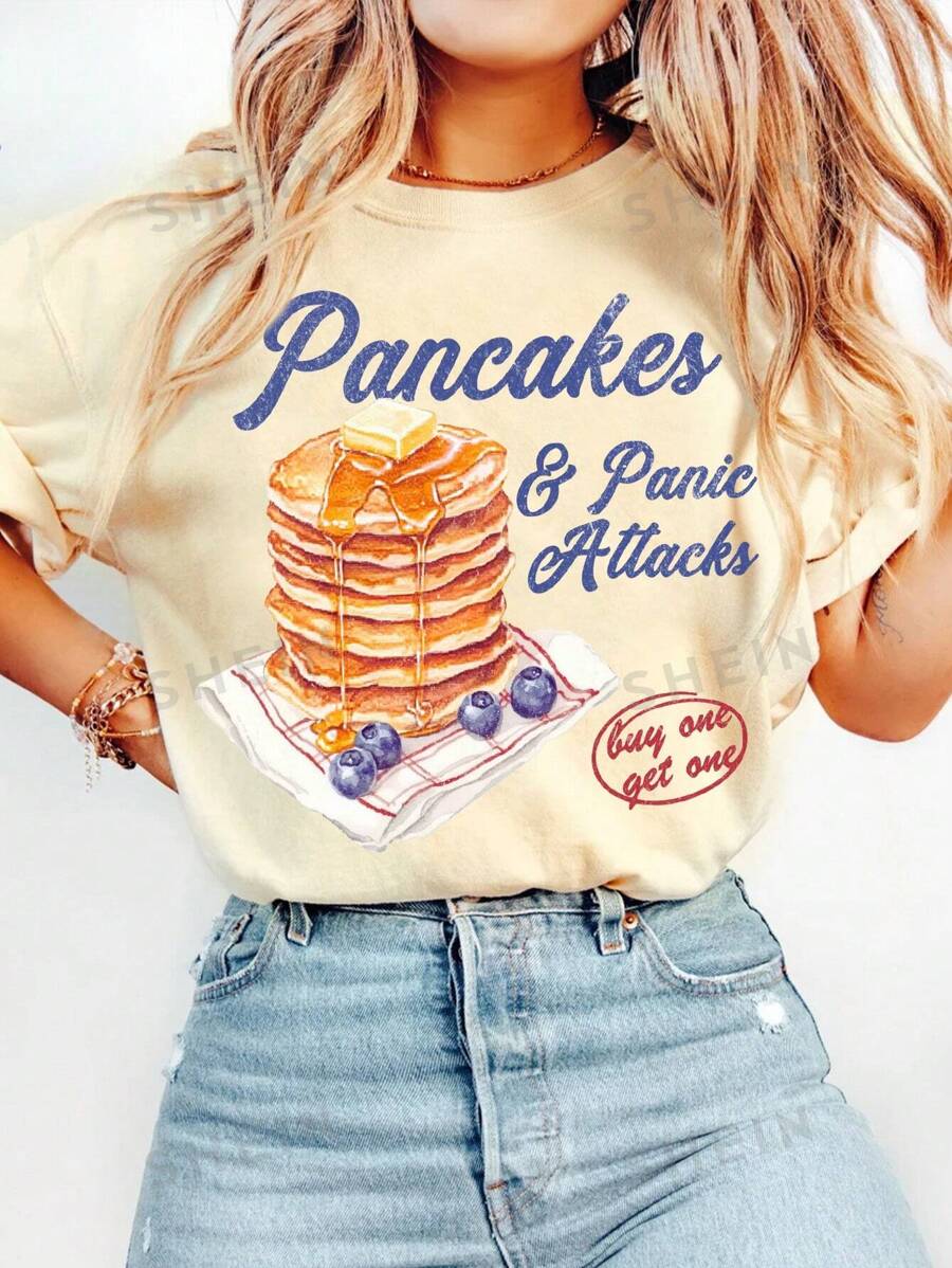 INAWLY Camiseta gráfica de mujer de cuello redondo con estampado divertido "Panqueque y ataque de pánico" sobre salud mental