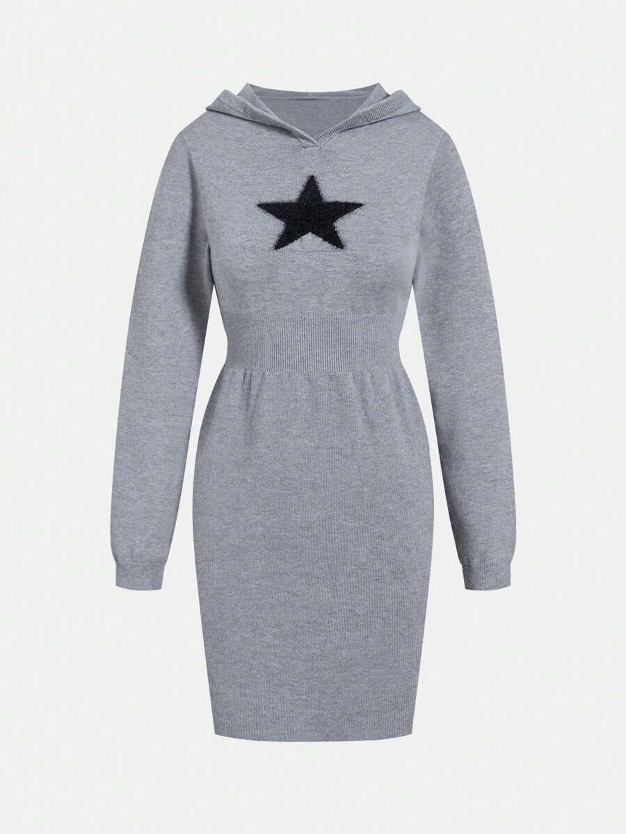 Robe pull à capuche avec taille resserrée et motif pentagramme, manches longues, convient pour l'école, les sorties décontractées et les fêtes, automne/hiver