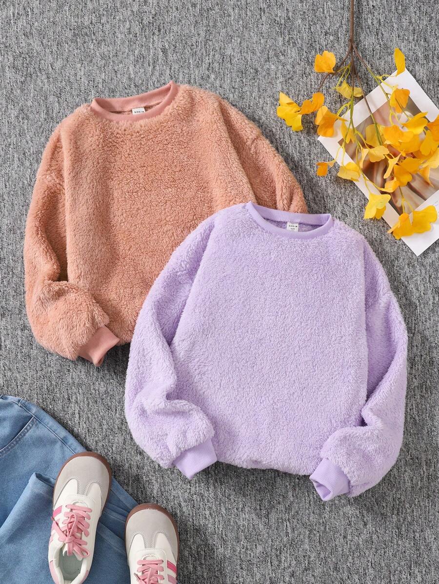 Zestaw bluz z dzianiny Tween Girl Warm Teddy Flanelowa z odsłoniętymi ramionami i okrągłym dekoltem, 2 sztuki/opakowanie, jesień/zima