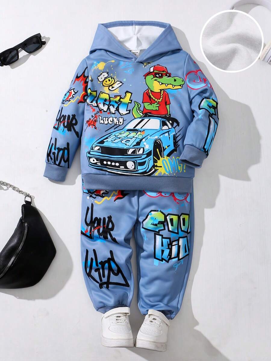 SHEIN 2pcs Young Boy Loose Fit Graphic Print Hoodie Sweatshirt And Pants Set