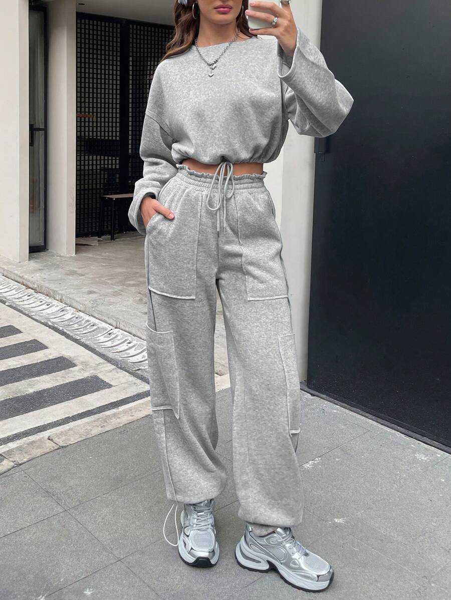 INAWLY 2 stuks dames casual ronde hals lange mouw top en voorkant strik broek set