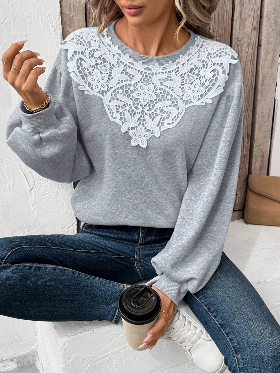 SHEIN LUNE Women's Casual Lace Long Sleeve Sweatshirt, Holiday Wear