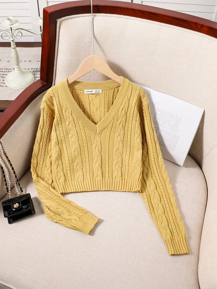 SHEIN Tween Girls V-Neck Solid Color Long Sleeve Casual Knit Sweater, Autumn/Winter