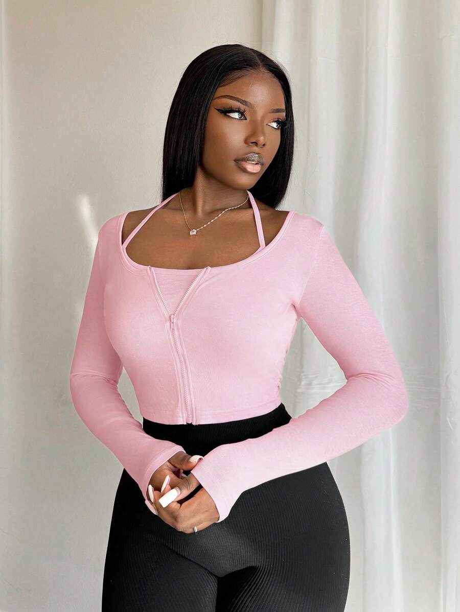 BamGleam Women Spaghetti Strap Sleeveless T-Shirt With Zipper, Pink