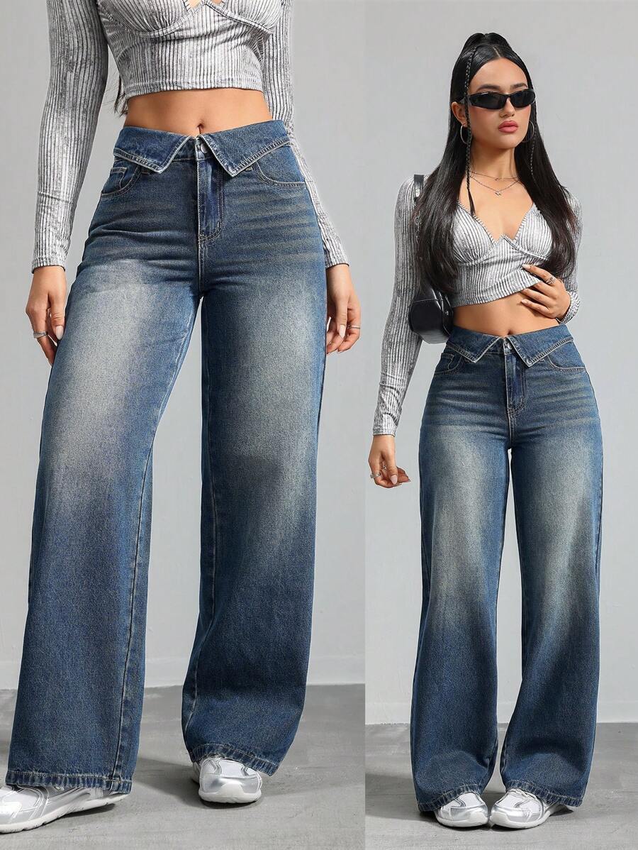 SHEIN Tall Women's Jeans Casual Fit Straight Trousers Blue Women's Loose Jeans Tall Women Pants Low Rise Baggy Jeans, Fall Women Clothes