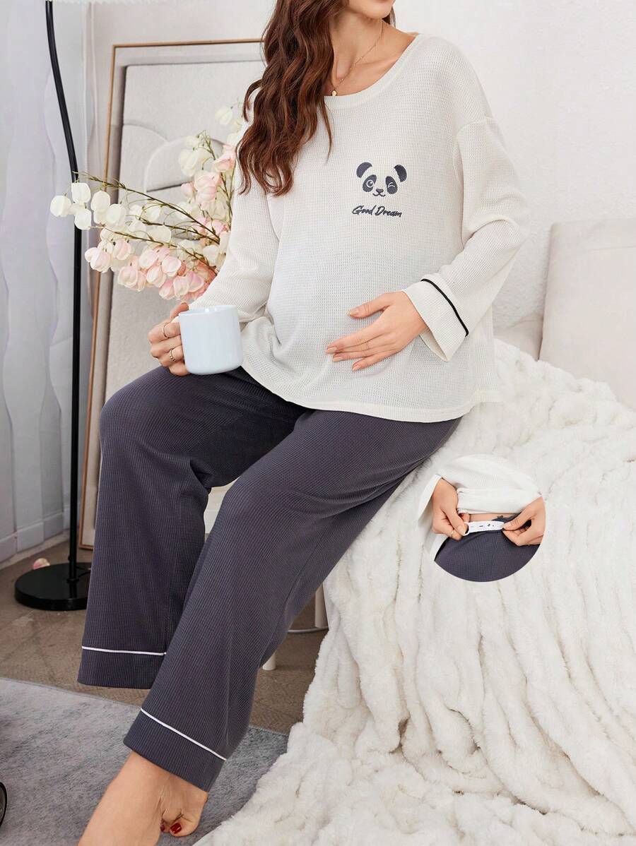 Conjunto de ropa de estar en casa para maternidad con bordado de panda y tejido de waffle