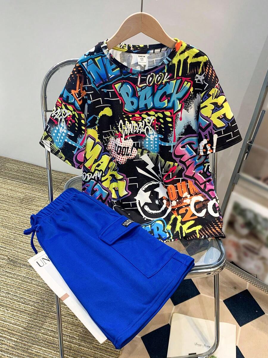 Tween Boy/Tween Boy Graffiti Printed Loose Fit Collared Short Sleeve T-Shirt And Shorts Set, Outfit Sets With T-Shirt