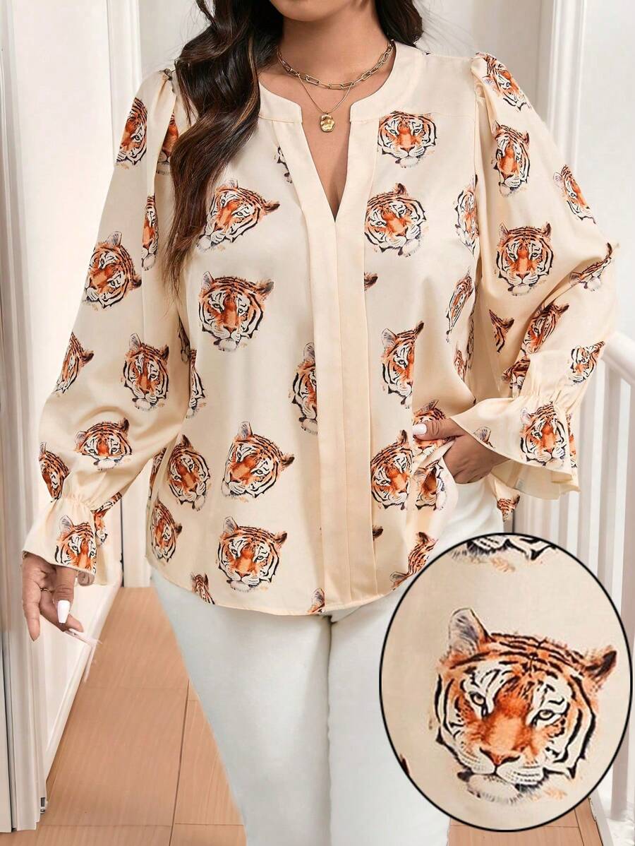 Calvaya Plus Size Women Tiger Head Graphic V-Neck Long Sleeve Decor Casual Blouse, Autumn