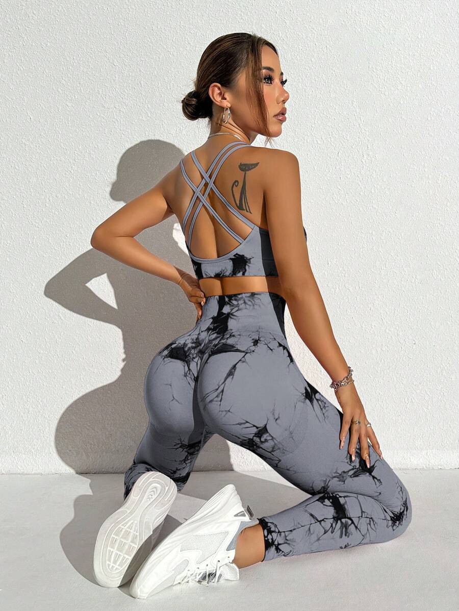 Slayoga Conjunto esportivo sem costura de alta elasticidade com tie-dye (estampa aleatória) Conjunto de treino feminino Conjunto de leggings feminino