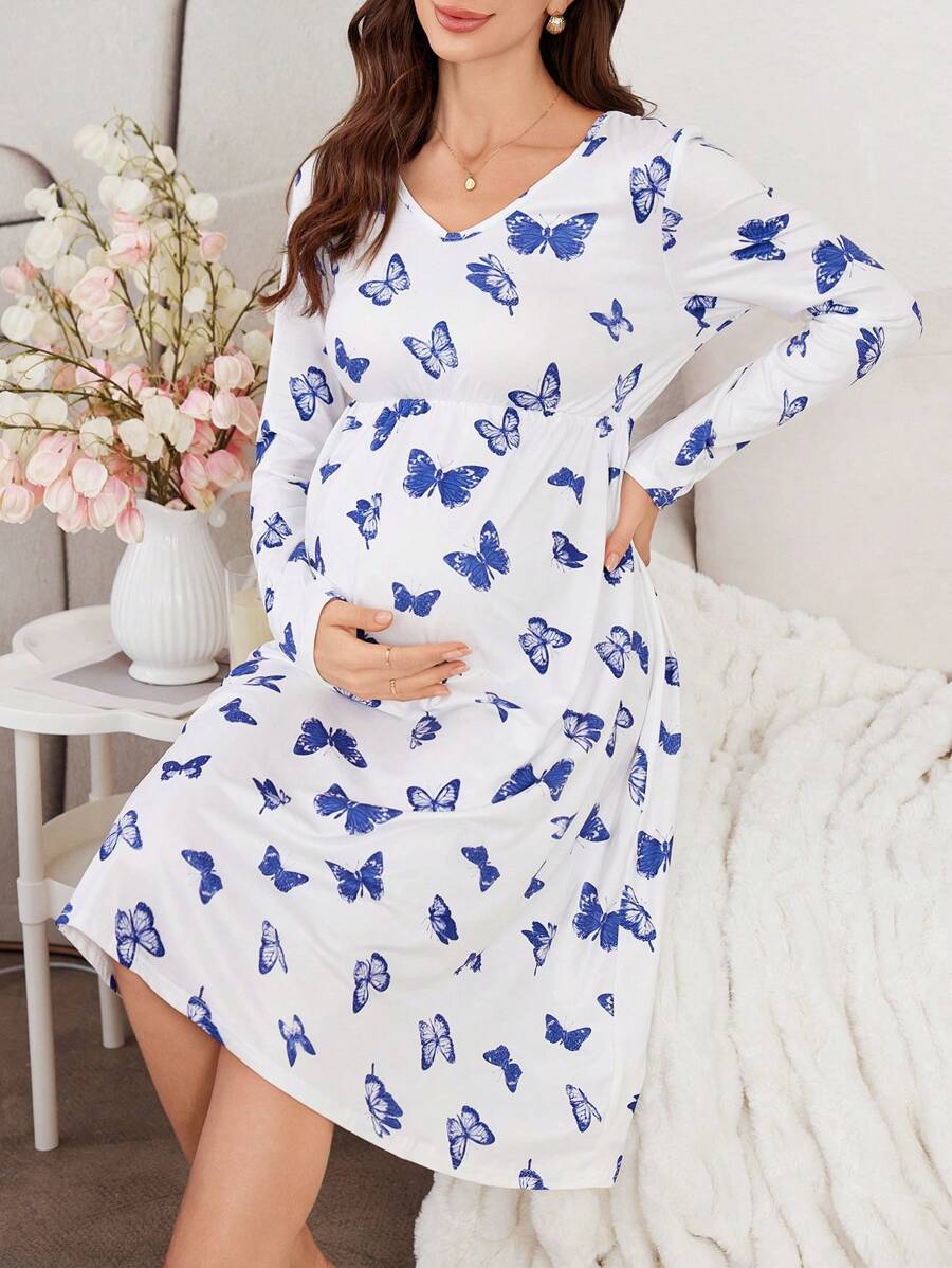 Camisón de maternidad de manga larga, cuello en V, estilo holgado con estampado de mariposas