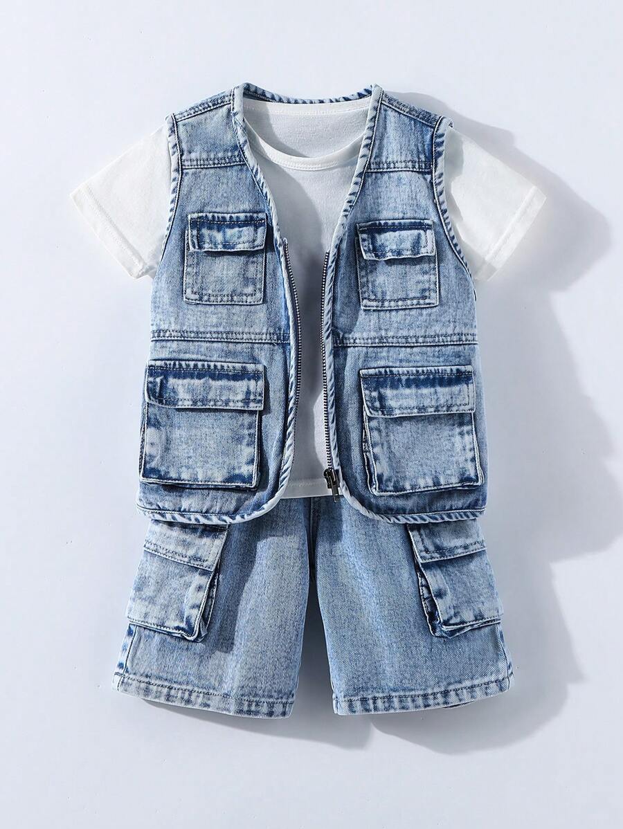 SHEIN Young Boy Casual Tooling Jean Vest & Denim Shorts Denim Outfit
