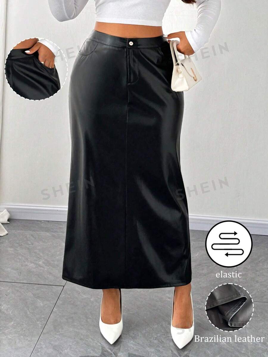 Celure Falda recta de cintura alta elástica con cremallera y abertura, de unicolor elegante, para mujeres de talla grande. Atuendo de mujer de largo maxi para otoño/invierno