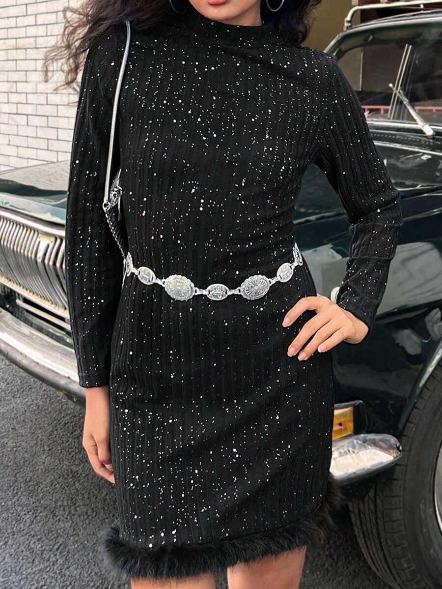 SHEIN Vestido negro elegante y casual con cuello alto de lentejuelas, dobladillo con borde de piel, silueta ajustada, adecuado para fiesta y uso diario, otoño, para niñas y adolescentes