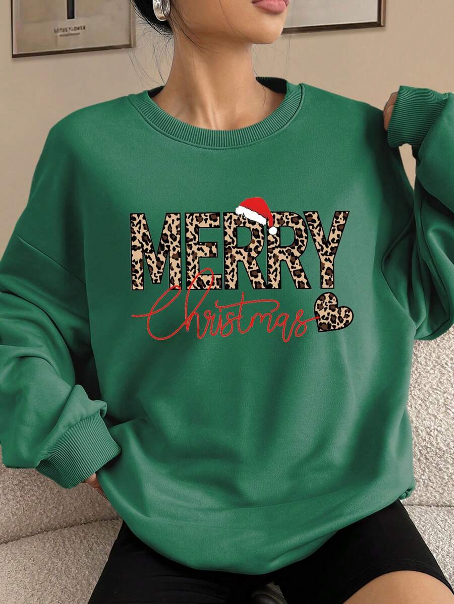 SHEIN EZwear Casual Minimalist Christmas Leopard Print English Text Graphic Round Neck Loose Fit Thick Sweatshirt For Women, Suitable For Autumn/Winter
