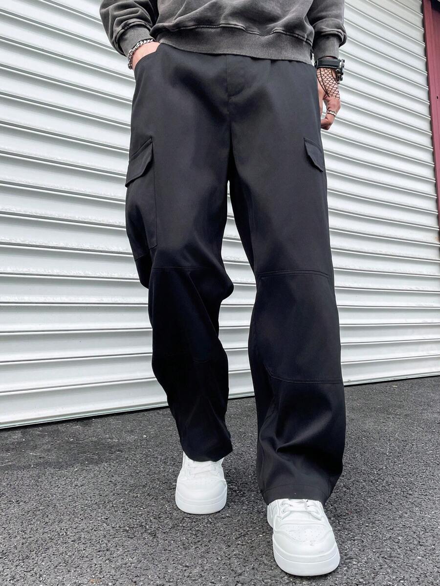 Manfinity Homme Plus Size Men's Casual Fashion Versatile Straight Leg Pants, Spring/Autumn Going Out Long Plain Black Cargo Pants, For Husband, Boyfriend Gifts