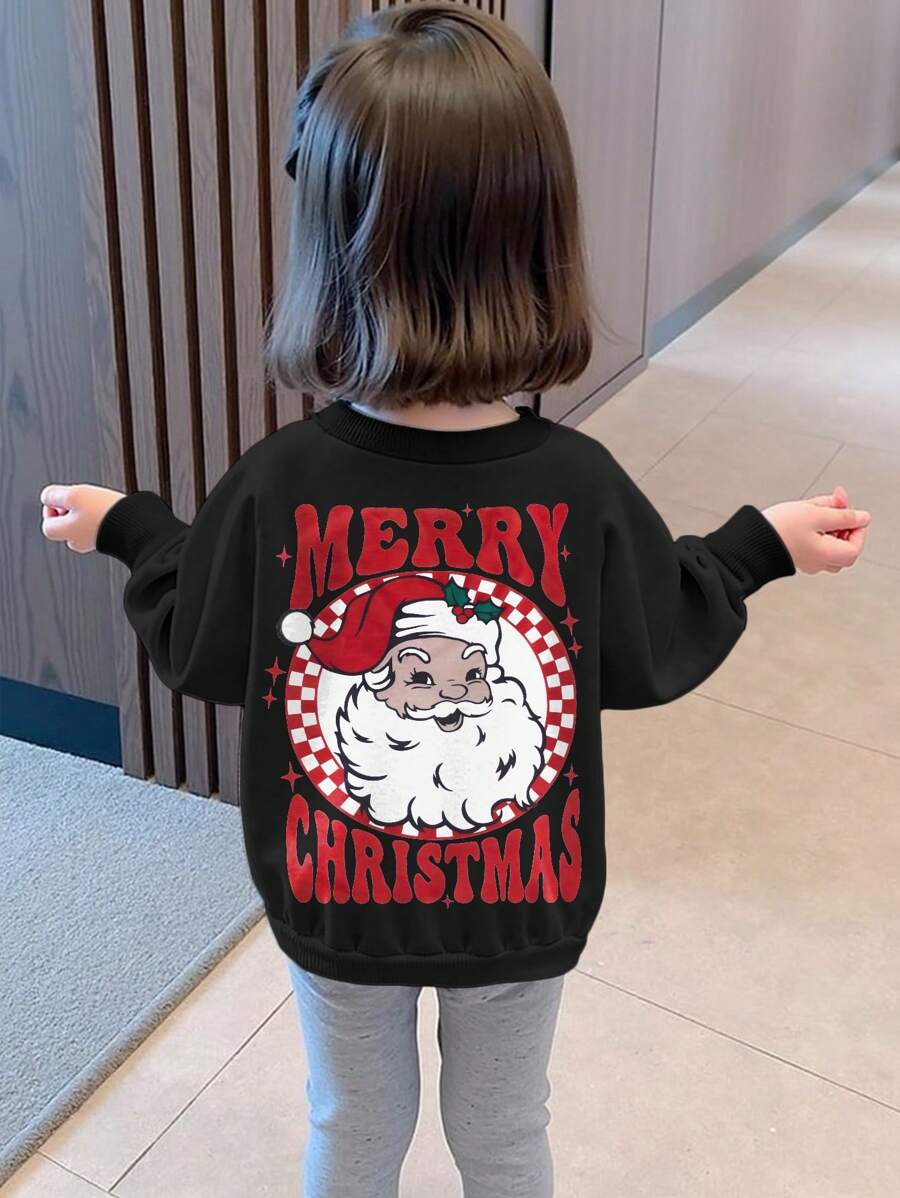 Christmas Atmosphere Baby Girls Sweatshirt, Autumn/Winter Round Neck Pullover Hoodie, White Casual Loose Comfortable Sweatshirt With Santa Claus Print On Front, Merry Christmas Print On Back, Family Matching Outfits