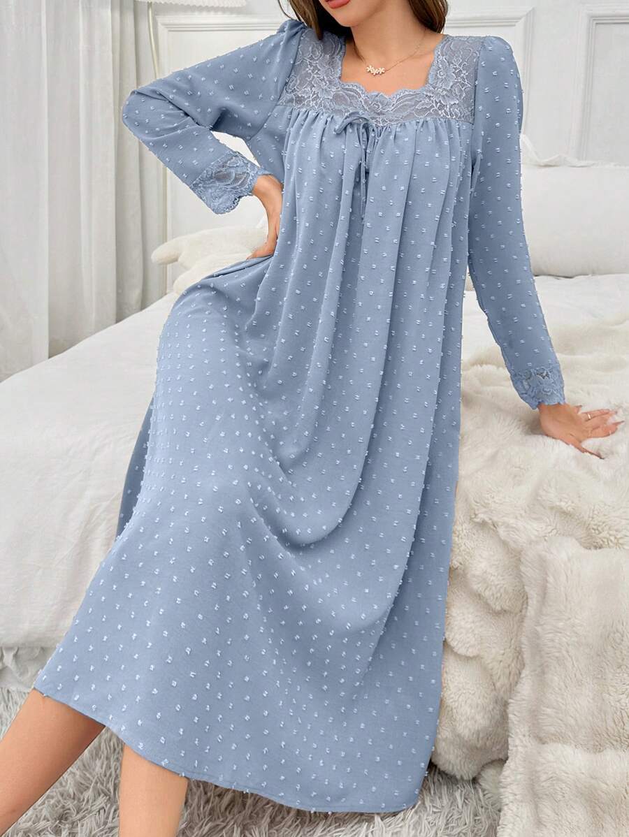 Camisón holgado de mujer con cuello cuadrado de encaje jacquard y manga larga, con efecto esponjoso, ideal para las temporadas vacacionales y de vacaciones