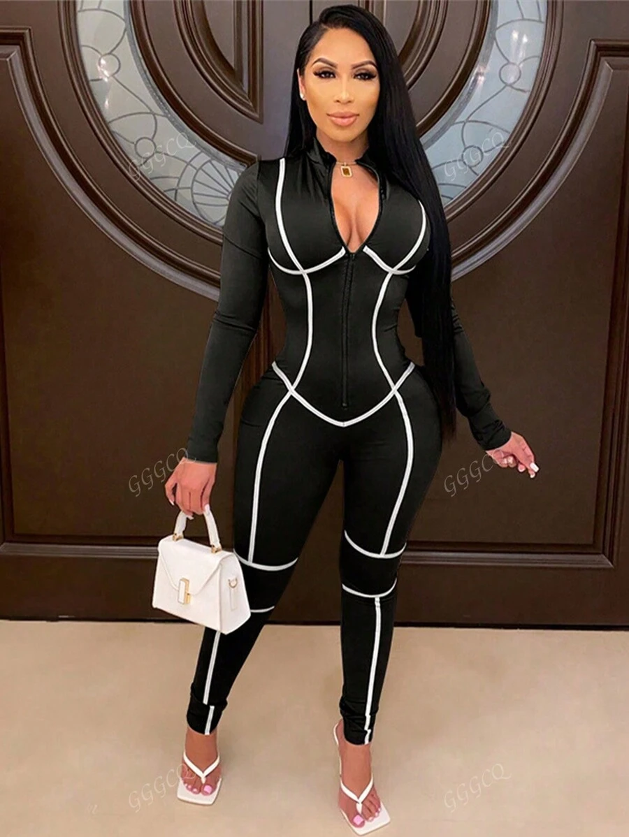 Women Contrast Color Trim Mock Neck Zipper Front Long Sleeve Casual Two Wear Jumpsuit
