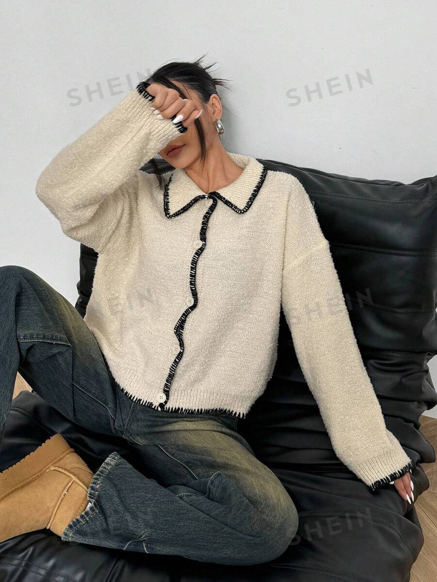 Flirla 1 pieza Cárdigan casual, diario, para ir al trabajo de cuello en V con ribete de contraste, estilo minimalista y holgado para mujer