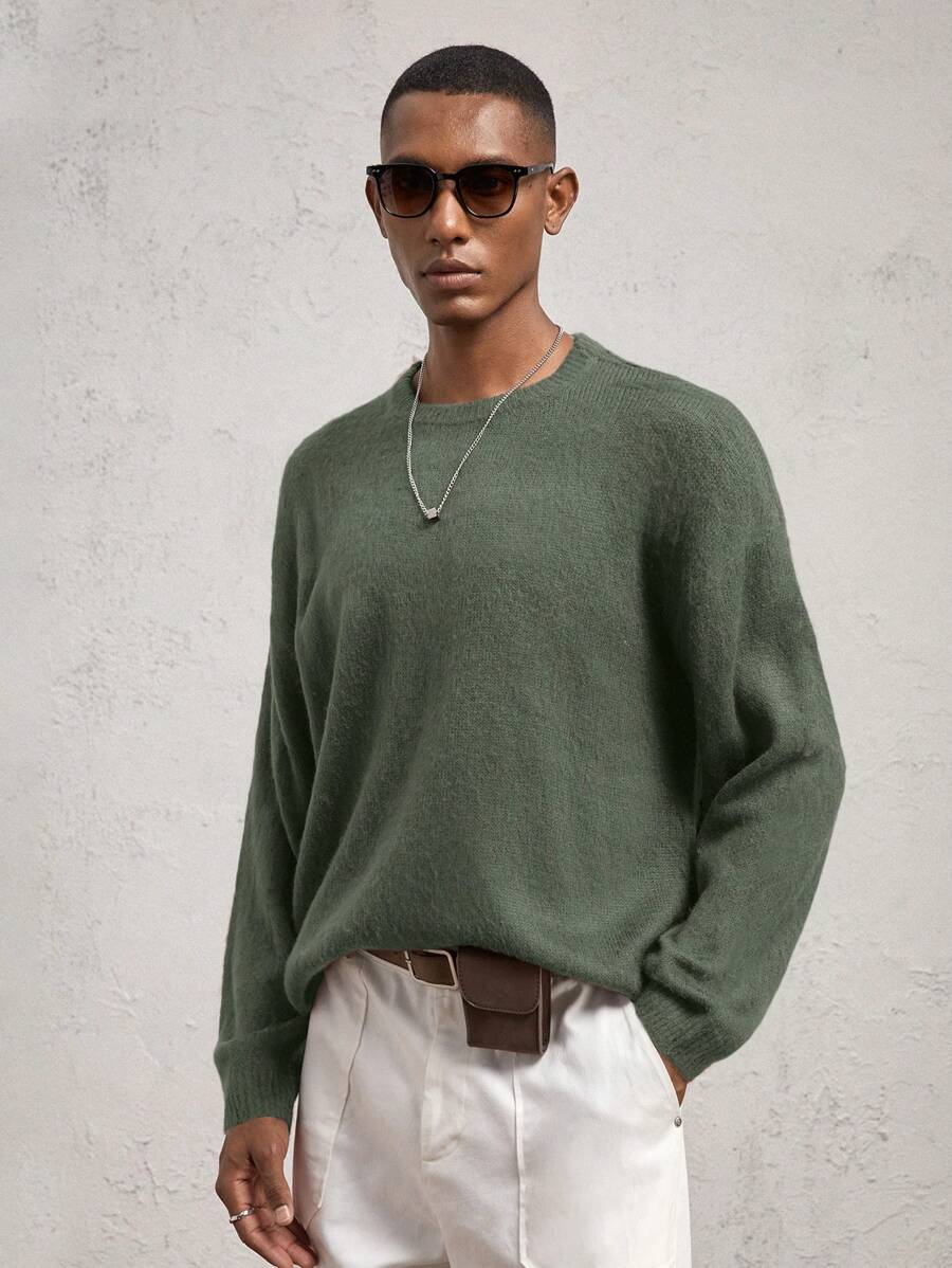 AKNOTIC Business Casual Men's Knit Crew Neck Pullover Long Sleeve Casual Sweater, Fuzzy Texture Coffee Brown, Suitable For Everyday Wear, Logo Print