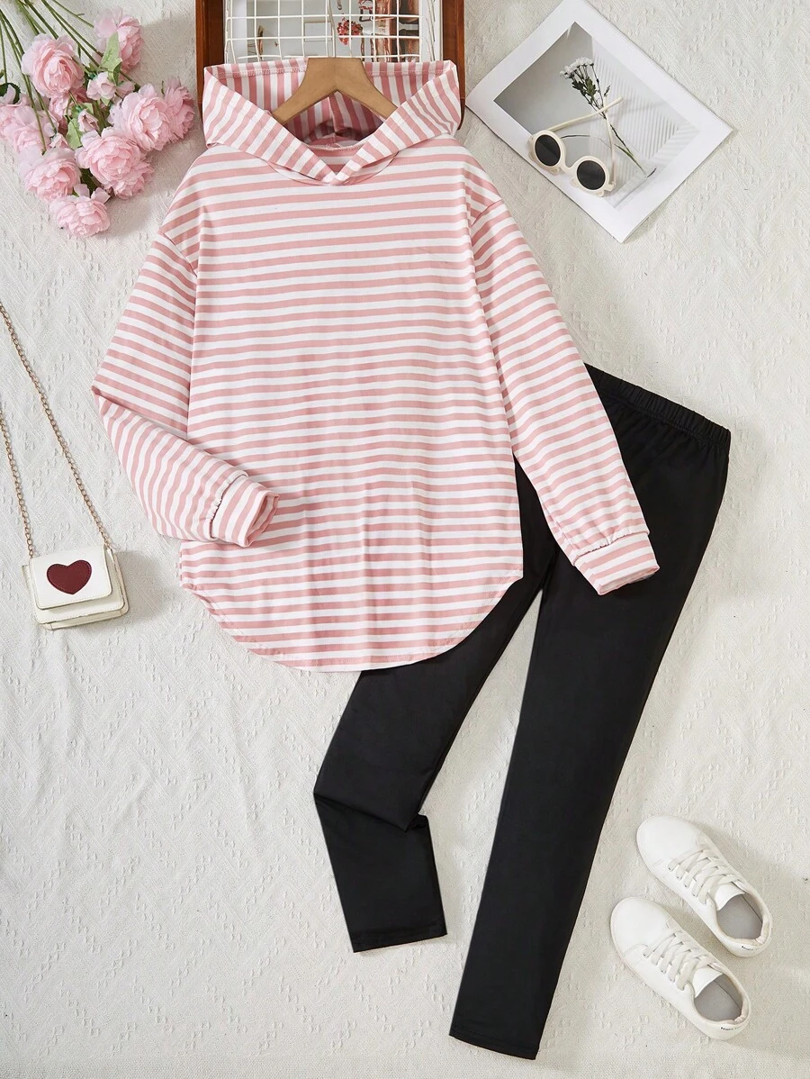 2pcs Teen Girl Striped Minimalist Hooded Long Sleeve Top And Pants Set
