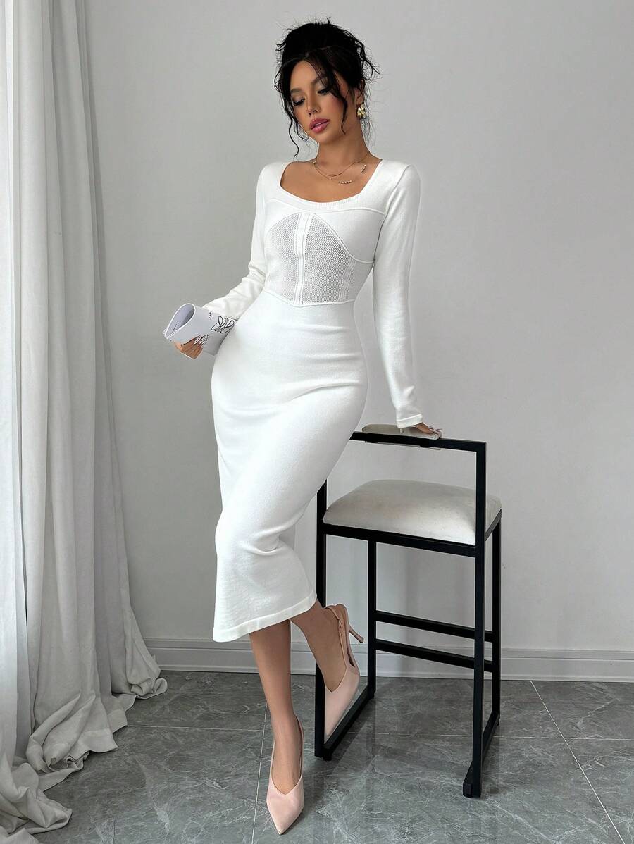 Calvaya Women's Autumn Square Collar Slim Fit Solid Sweater Dress