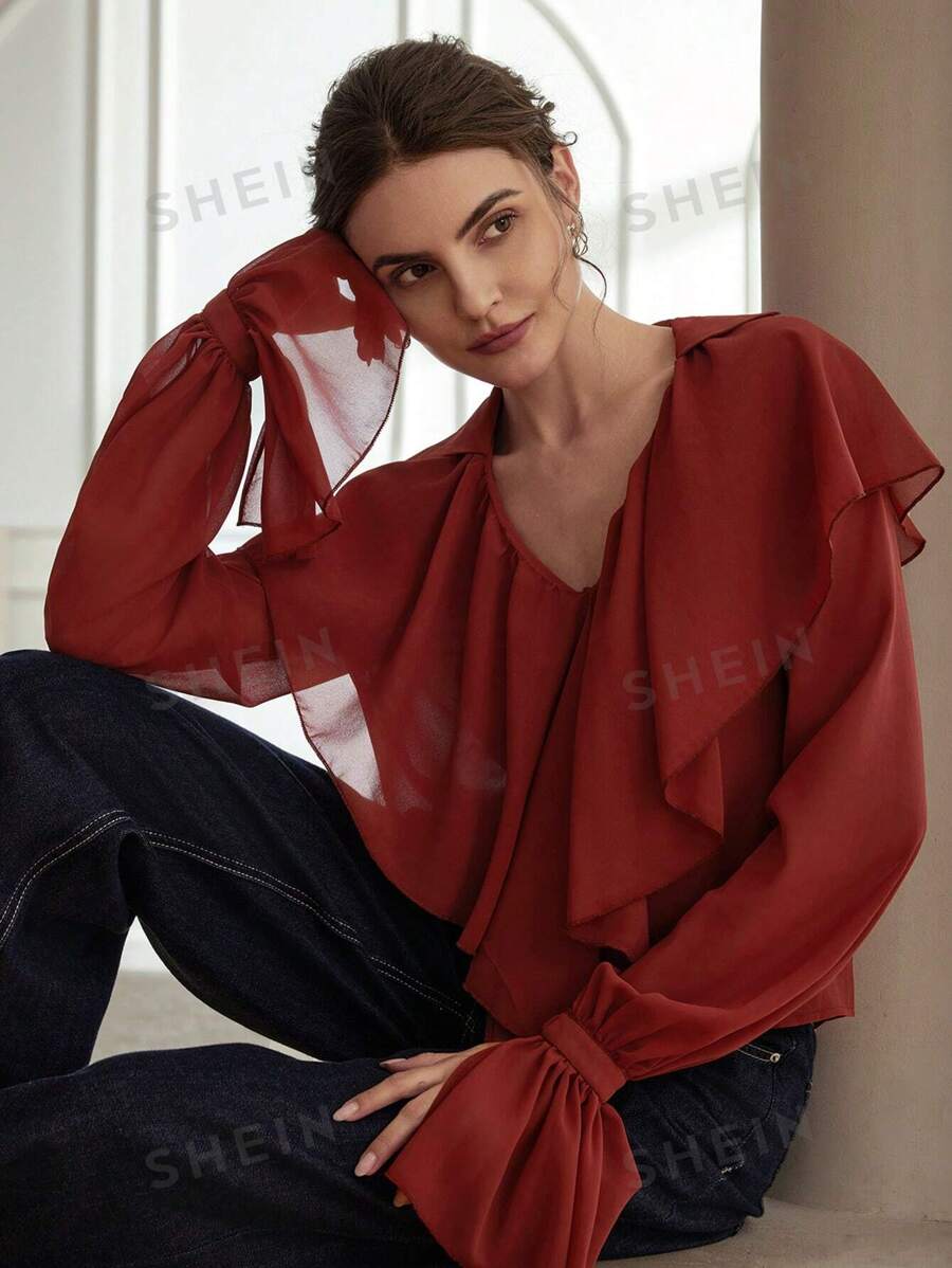 Aveloria Rosie Blusa de mujer con cuello de volantes de gasa, escote en V y manga larga, para fiestas y vacaciones