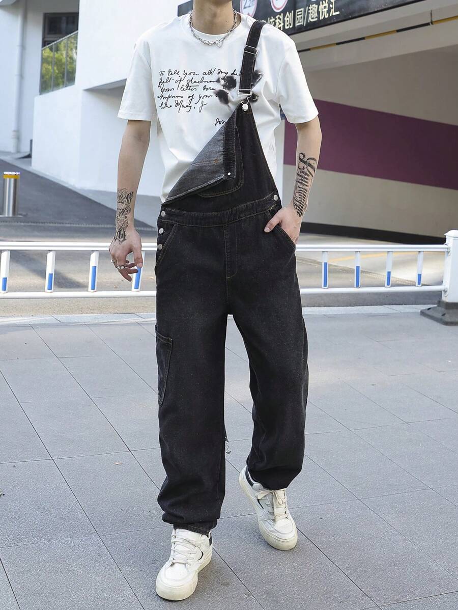 Manfinity Homme Men's Wide Strap Button Pocket Simple Casual Denim Bib Overalls