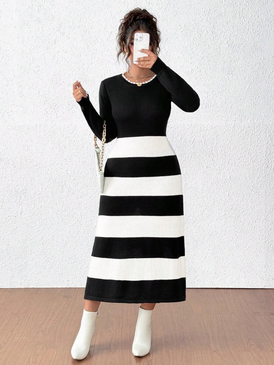 Franclia Plus Size Damska Okrągły Dekolt Paski Patchwork Długi Rękaw Prosta Swobodna Elegancka Dzianinowa Sukienka, Na Zimę