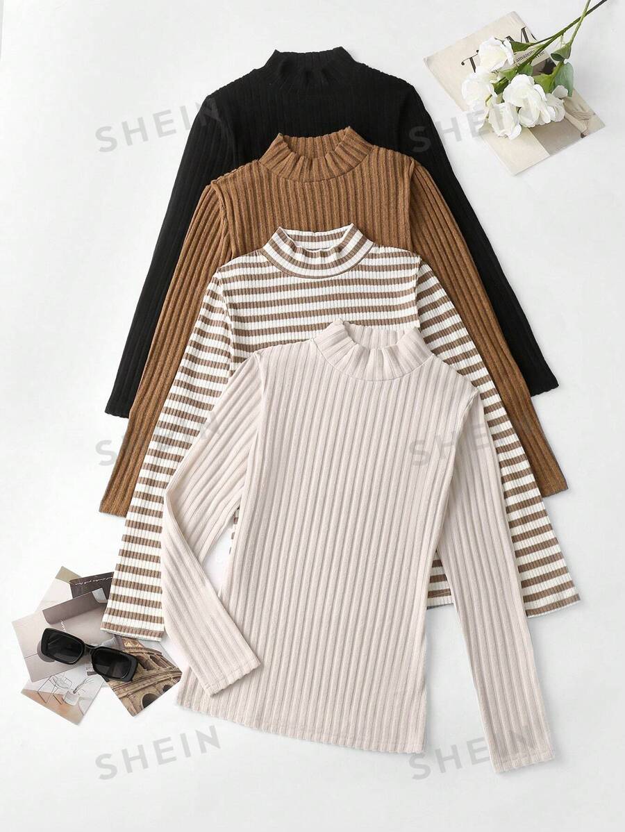 SHEIN LUNE Set de 4 camisetas de manga larga con cuello alto texturizado para mujer para atuendos de primavera
