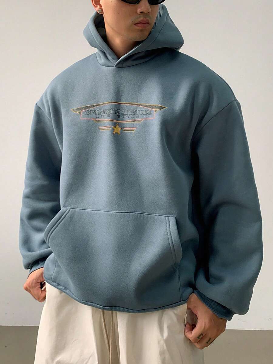 DAZY Sudadera con capucha de ajuste holgado y manga larga con estampado de letras para hombres, informal para otoño
