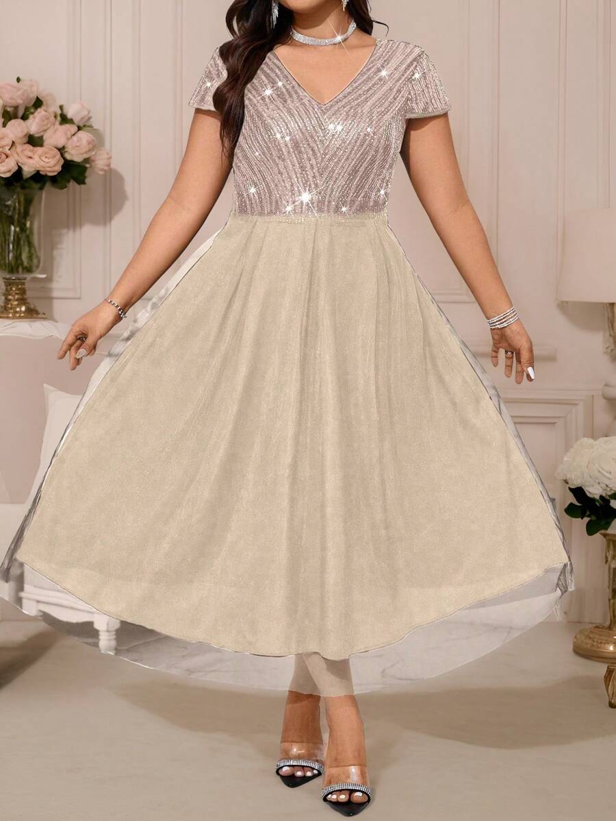 SHEIN Belle Plus Size Women's Sequined Mesh Insert Cap Sleeve Bodycon Dress Maxi Women Outfit