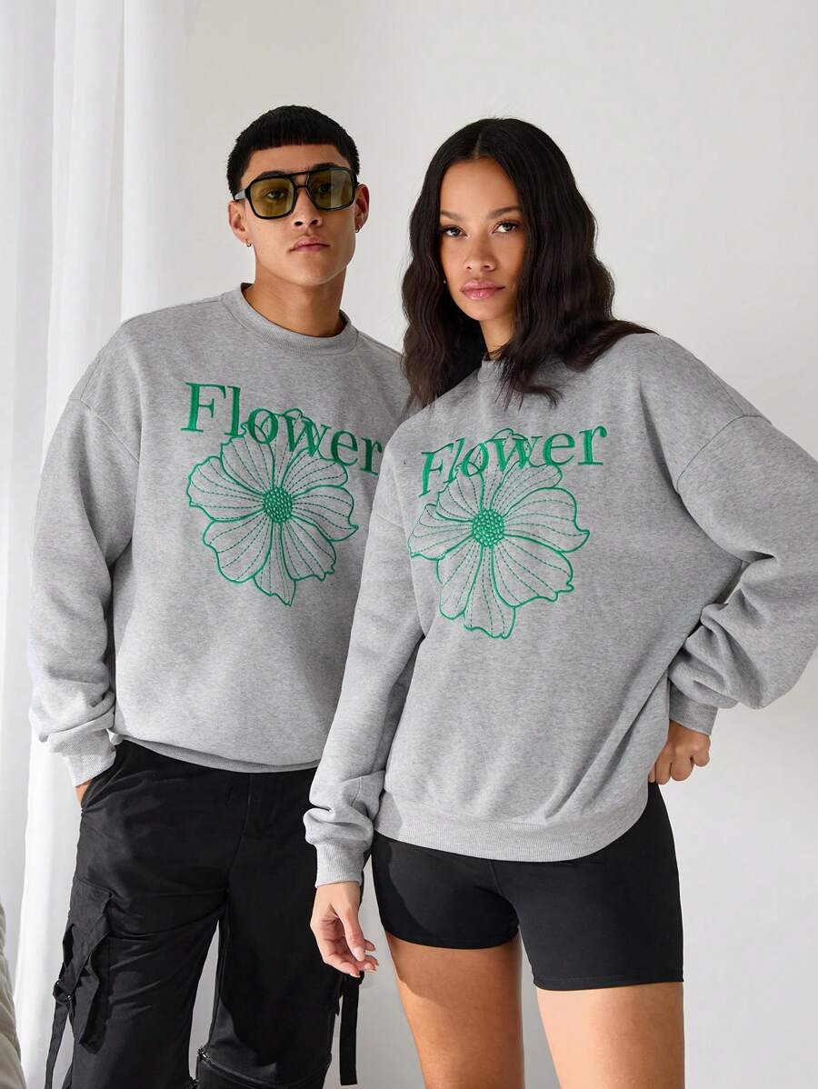 Manfinity INSISELF Sudadera holgada de cuello redondo con gráfico floral, de manga larga, color gris oscuro, para ir de salida, como regalo para amigos, esposo o novio