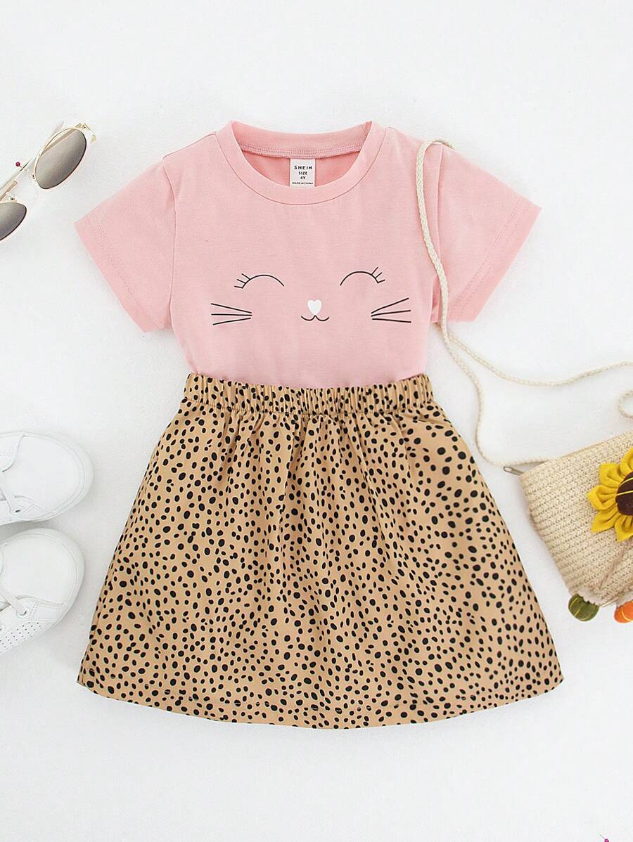 SHEIN 2pcs/Set Young Girl Round Neck Short Sleeve Printed Minimalist Top And A-Line Skirt