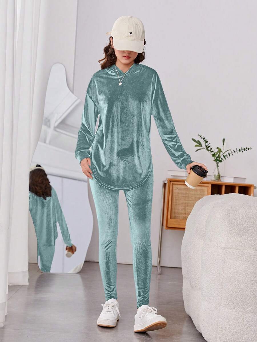 Conjunto de 2 peças/conjunto de camiseta e calça de veludo para meninas adolescentes, moda de rua, casual, festa, tamanho grande