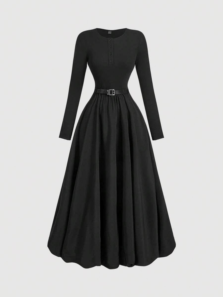 SHEIN MOD Women's Black Long Sleeve Maxi Bubble Dress With Belt,New Year Eve Dress,Bubble Dress,