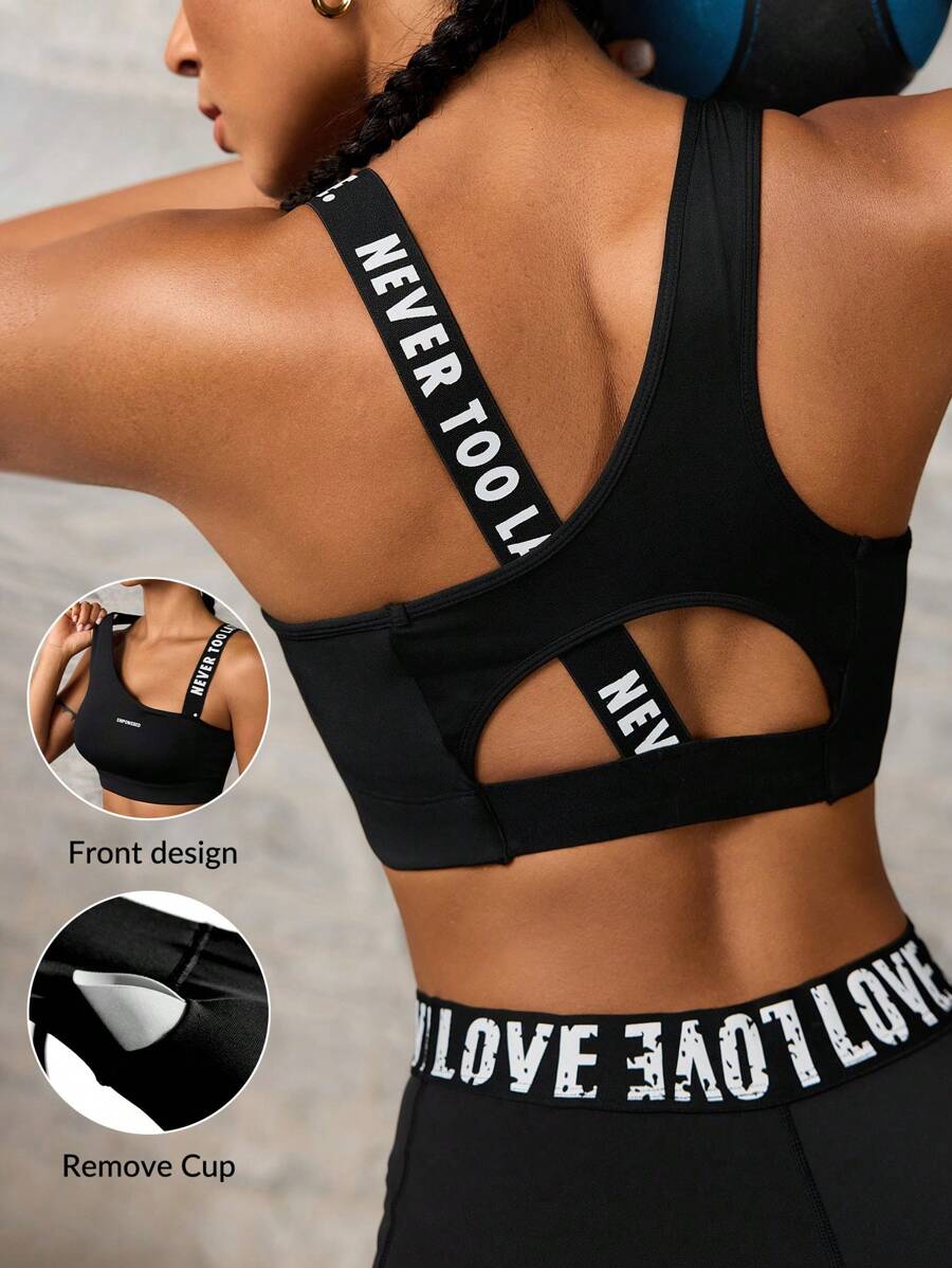 Powerista Reggiseno sportivo da donna con motivo a lettere, con schiena traforata e collo asimmetrico