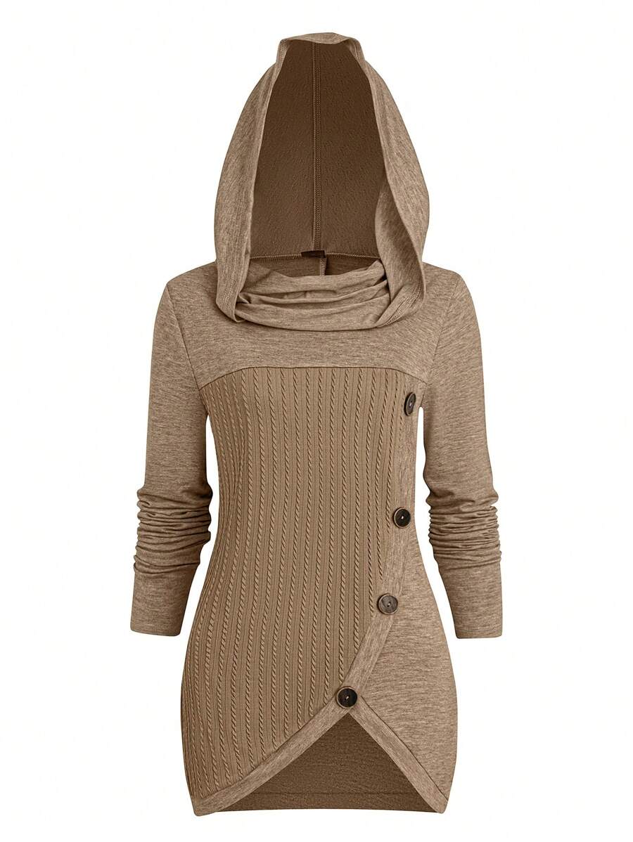 SHEIN LUNE Felpa con cappuccio e maniche lunghe da donna, con orlo asimmetrico, design casual e morbido, con dettaglio a bottone, adatta per l'autunno/inverno