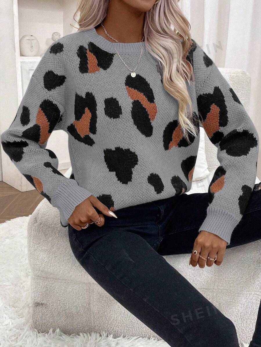 SHEIN LUNE Jersey casual de cuello redondo de manga larga con detalle de estampado de leopardo para mujer