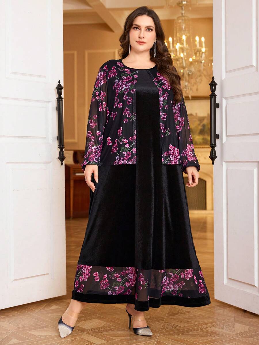 Modelyn Vestido largo de manga larga con estampado de malla, parche de terciopelo en estilo árabe para mujer de talla grande, vestido de noche largo