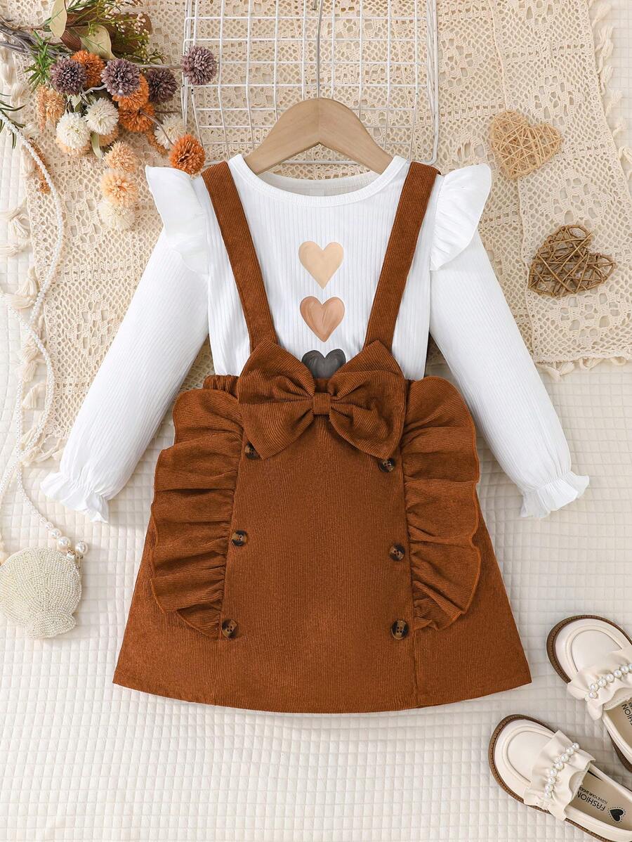 2pcs Girls Heart Print Cap Sleeve Long Sleeve T-Shirt With Suspender Skirt Suit Set, Autumn/Winter